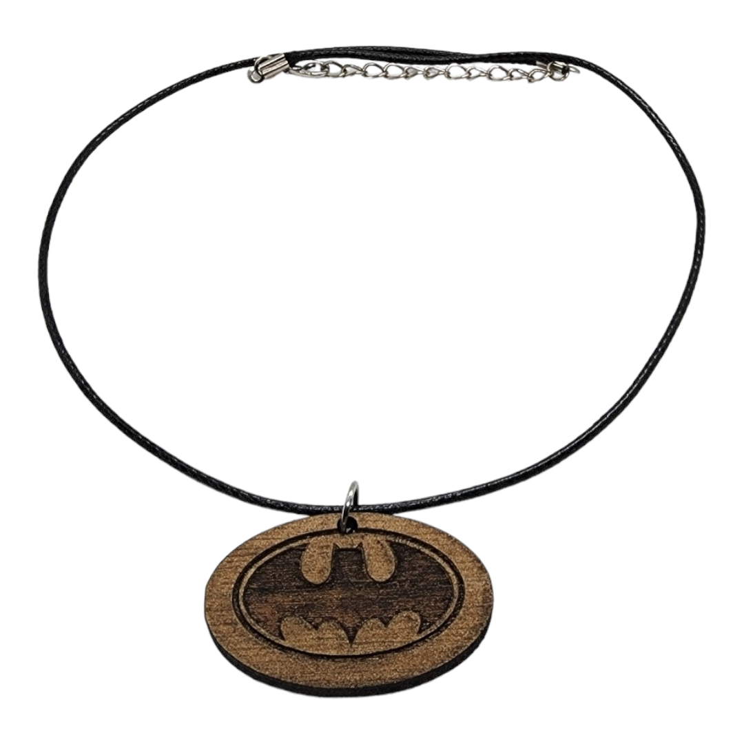 Batman Symbol Design Wood Painted/Stained Necklace Handmade Laser Cut/Engraved