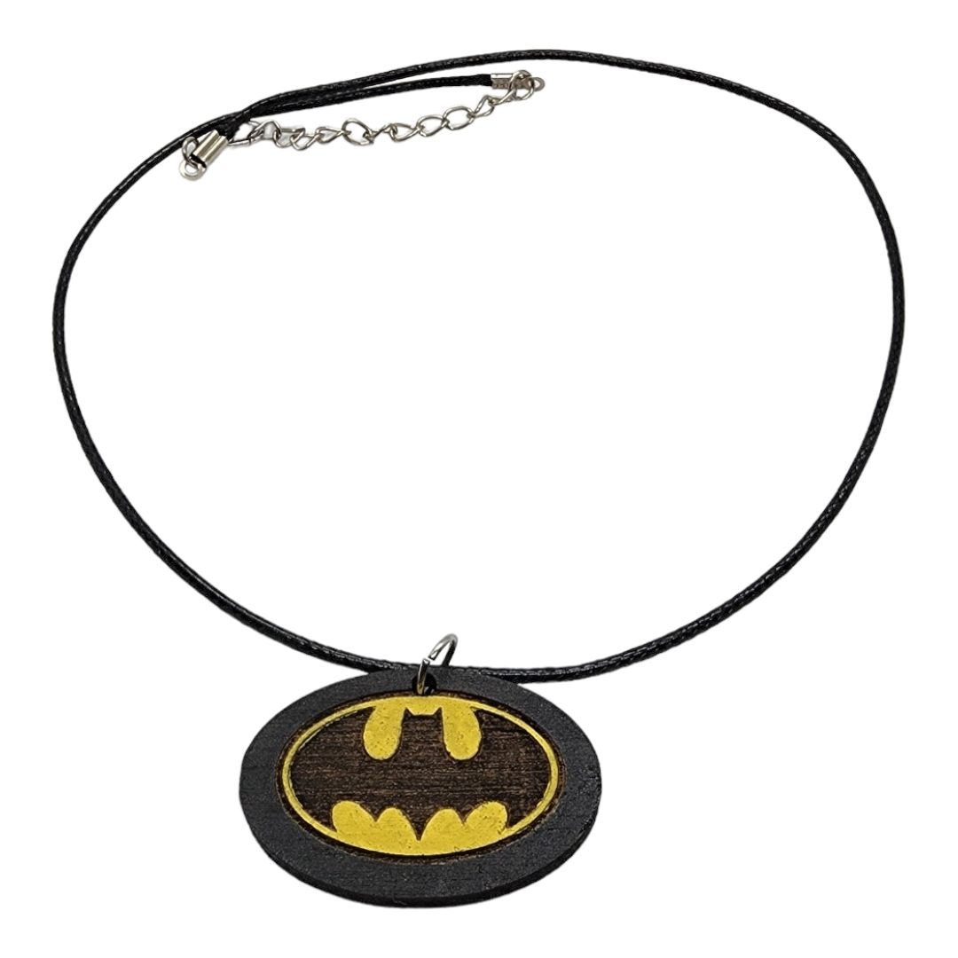 Batman Symbol Design Wood Painted/Stained Necklace Handmade Laser Cut/Engraved