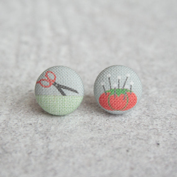 Rachel O's I LOVE Sewing Fabric Button Earrings