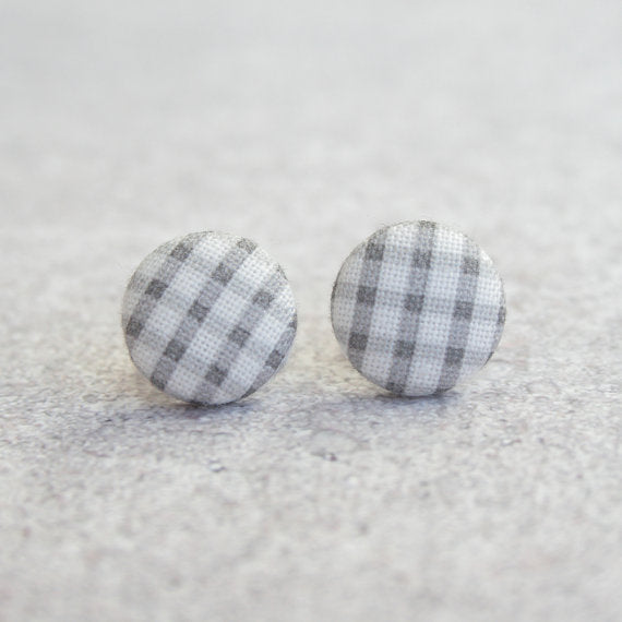 Rachel O's Gray Gingham Fabric Button Earrings