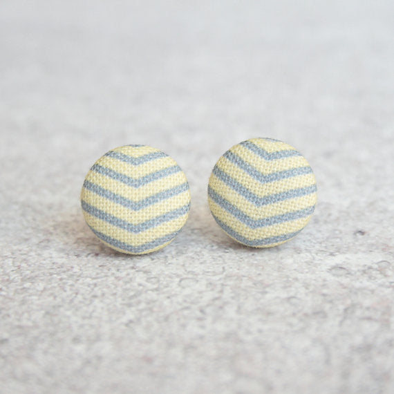 Rachel O's Yellow and Gray Chevron Fabric Button Earrings