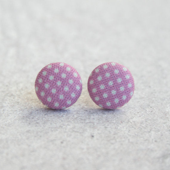 Rachel O's Purple with Polka Dot Fabric Button Earrings