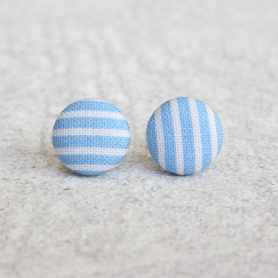 Rachel O's Blue Stripes Fabric Button Earrings