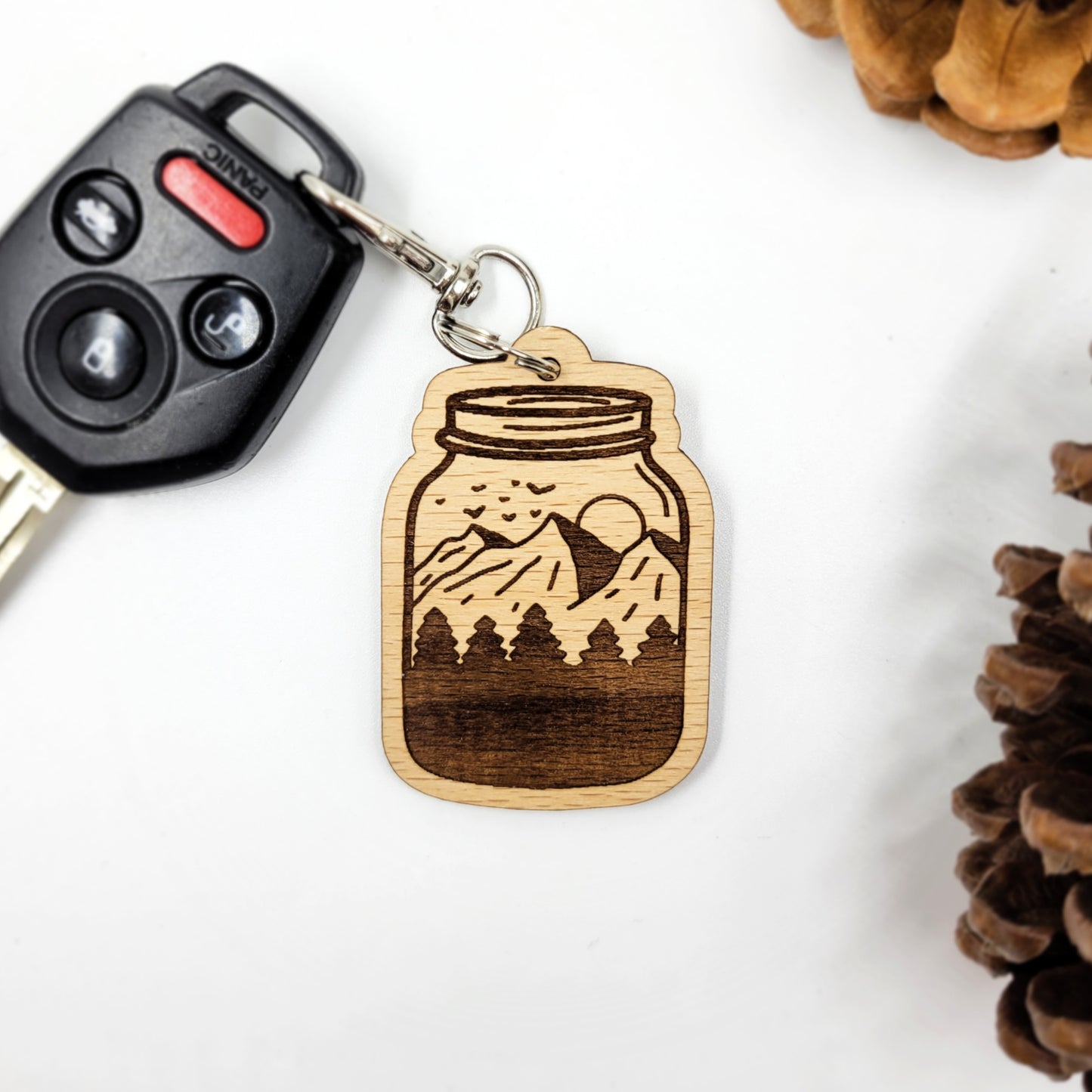 Bumble and Birch Mason Jar Mountains Wood Keychain