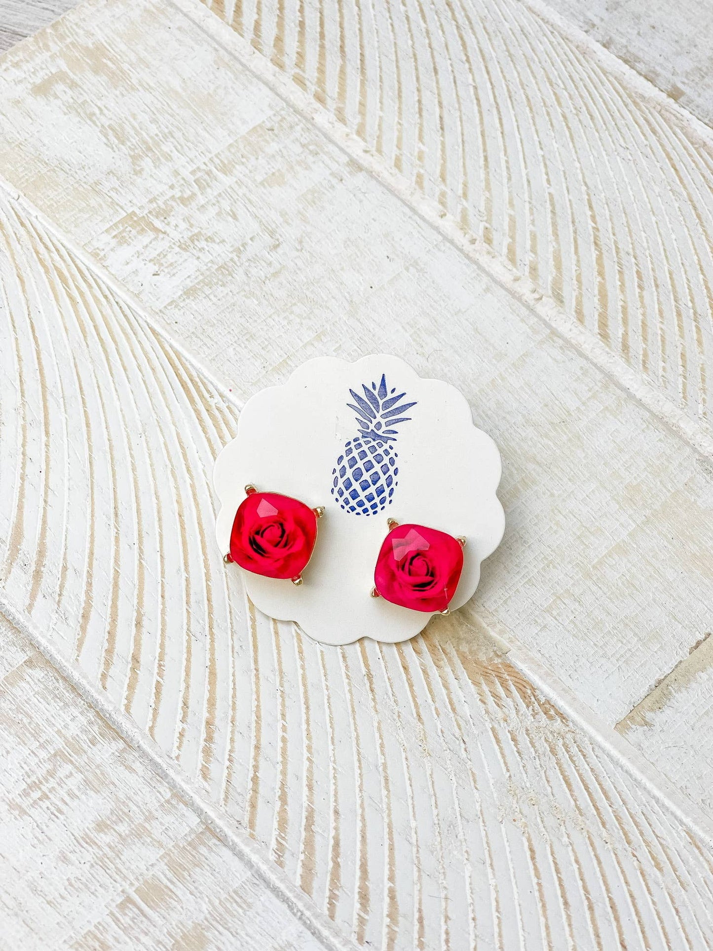 Prep Obsessed Wholesale Rose Printed Stud Earrings - Hot Pink