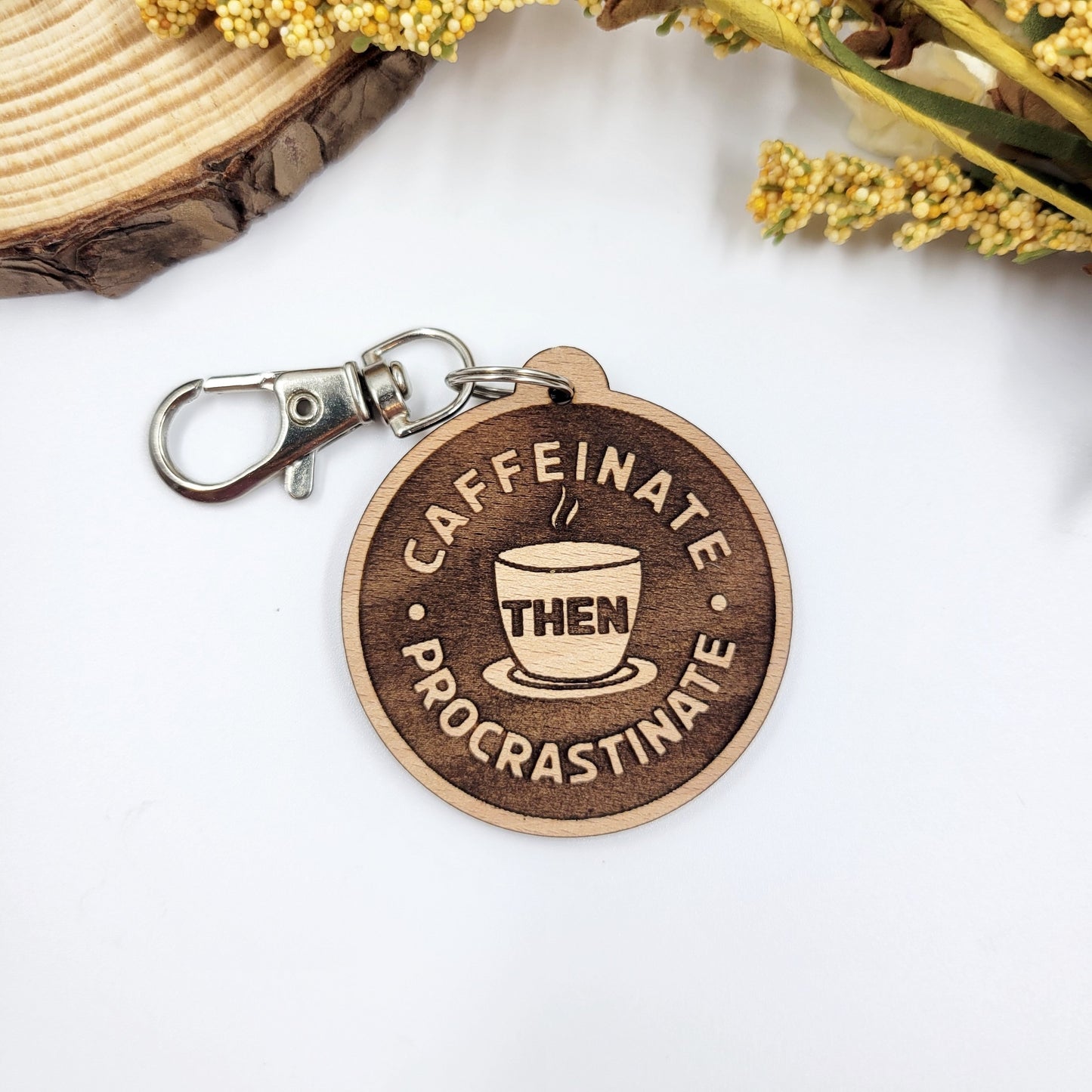 Bumble and Birch Caffeinate Then Procrastinate Wood Keychain
