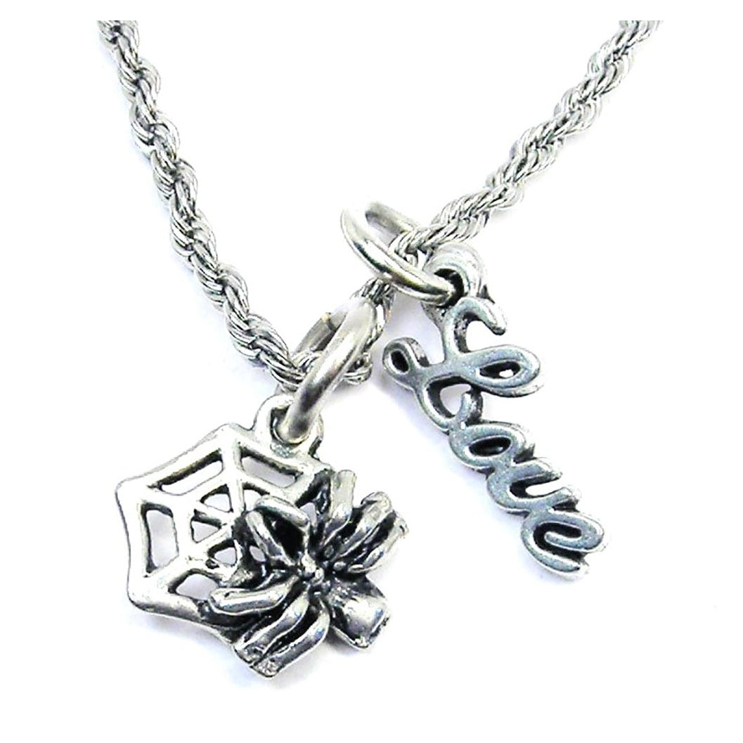 Spider On Web Rope Necklace With Love Halloween Scary Bugs