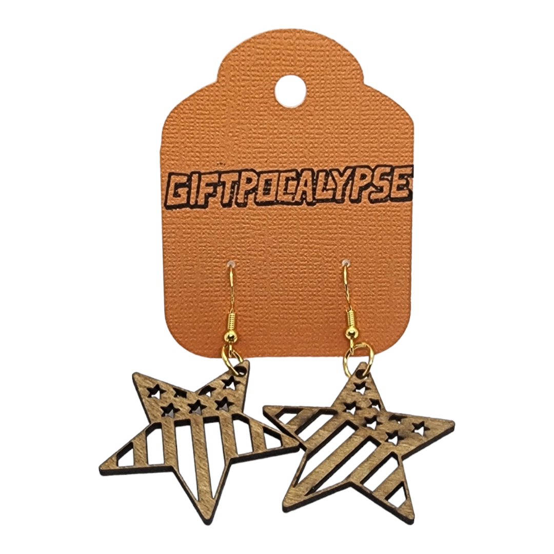 Stars and Stripes Design Wood Painted/Stained Dangle Style Earrings Handmade Laser Cut/Engraved