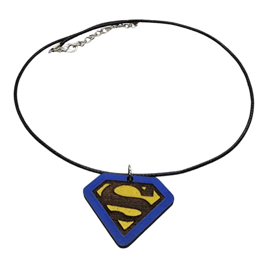Superman Symbol Design Wood Painted/Stained Necklace Handmade Laser Cut/Engraved