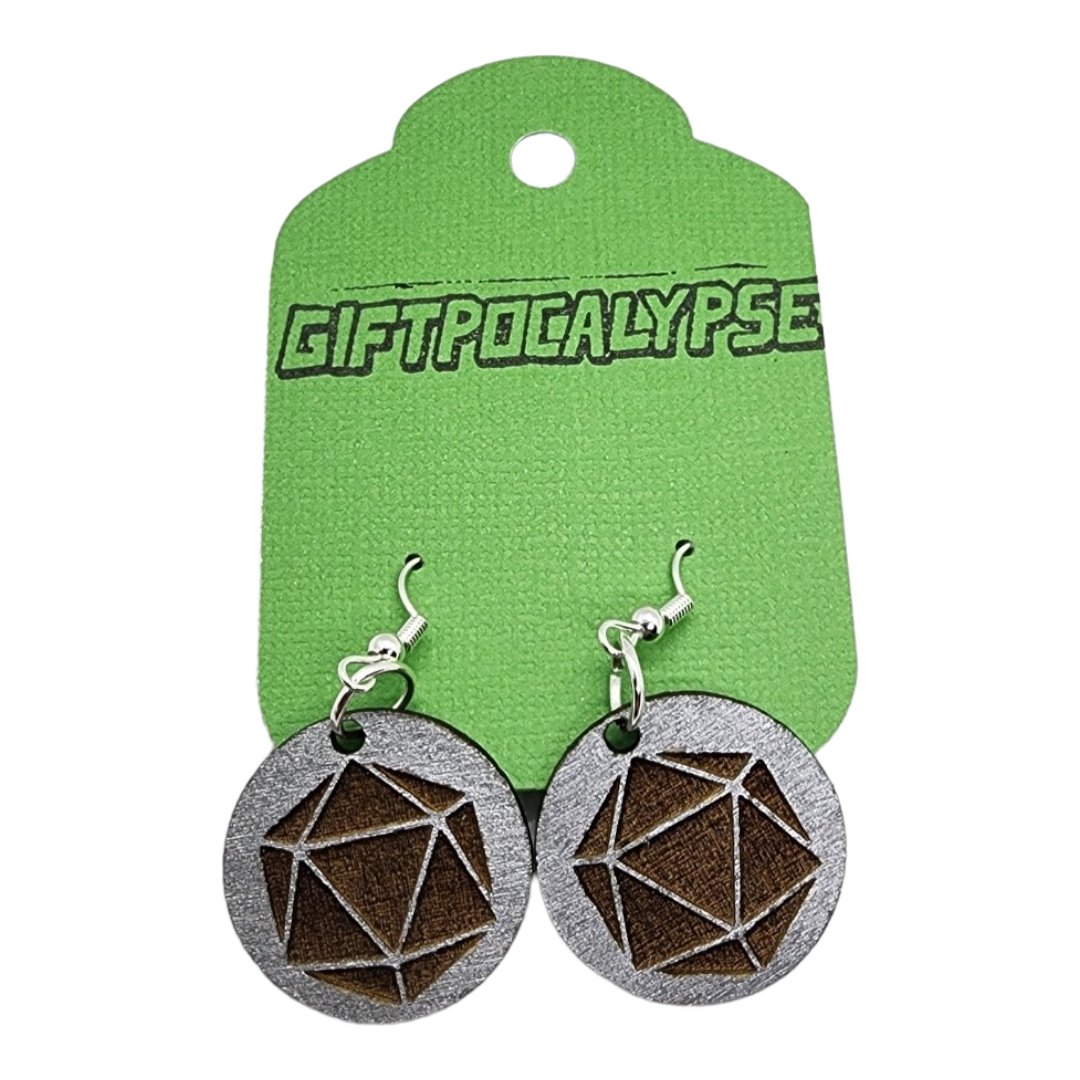 D20 Outline Design Wood Painted/Stained Dangle Style Earrings Handmade Laser Cut/Engraved