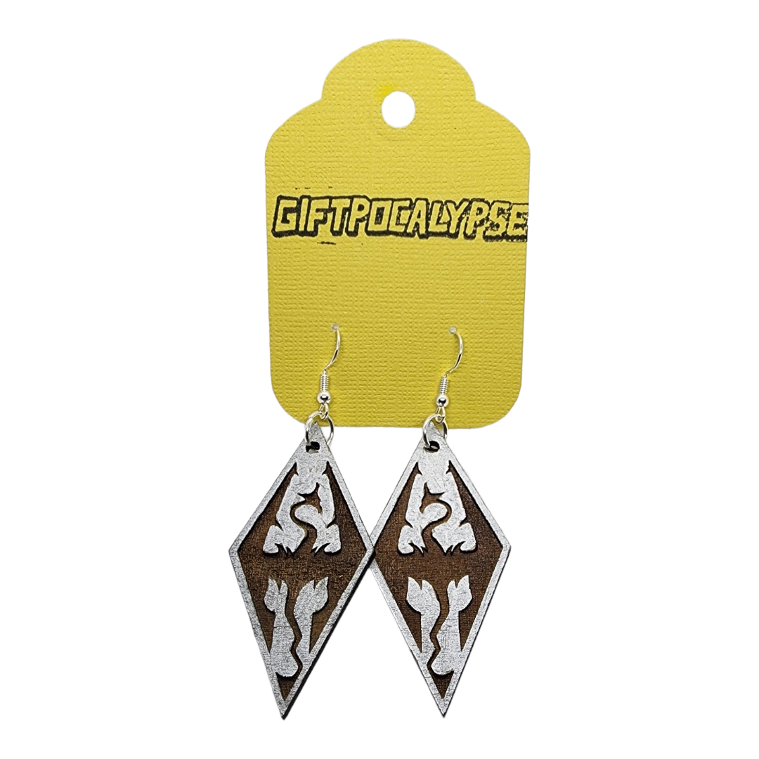 Skyrim Dragon Design Wood Painted/Stained Dangle Style Earrings Handmade Laser Cut/Engraved