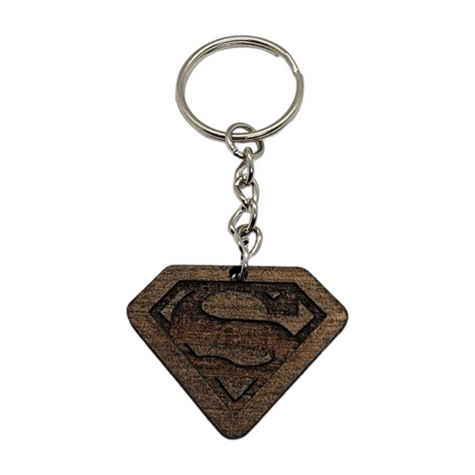Superman Symbol Design Wood Painted/Stained Key Chain Handmade Laser Cut/Engraved