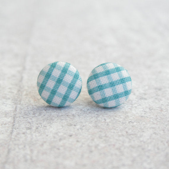 Rachel O's Blue Gingham Fabric Button Earrings