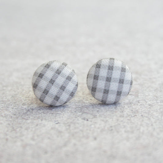 Rachel O's Gray Gingham Fabric Button Earrings