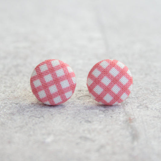 Rachel O's Red Gingham Fabric Button Earrings