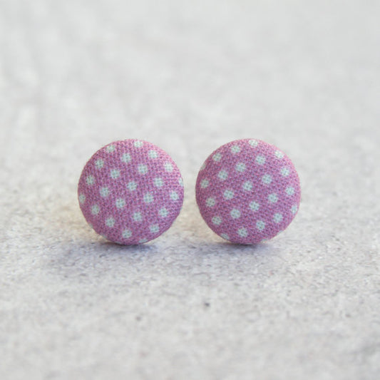 Rachel O's Purple with Polka Dot Fabric Button Earrings