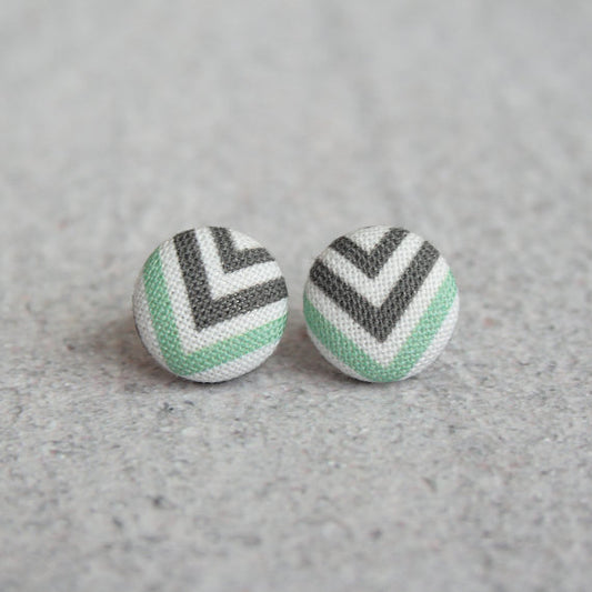 Rachel O's Black White and Teal Chevron Fabric Button Earrings