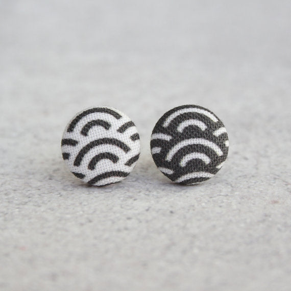 Rachel O's Black and White Waves Fabric Button Earrings