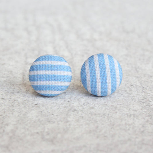 Rachel O's Blue Stripes Fabric Button Earrings