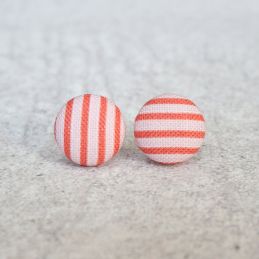 Rachel O's Pink and Red Stripes Fabric Button Earrings