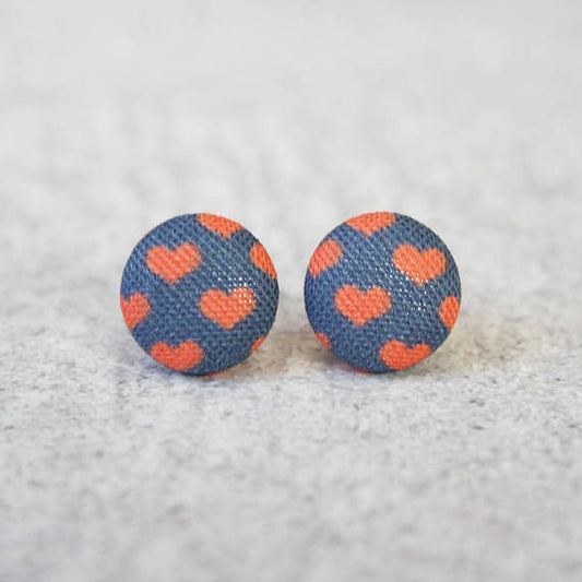 Rachel O's Tiny Red Hearts on Navy Fabric Button Earrings