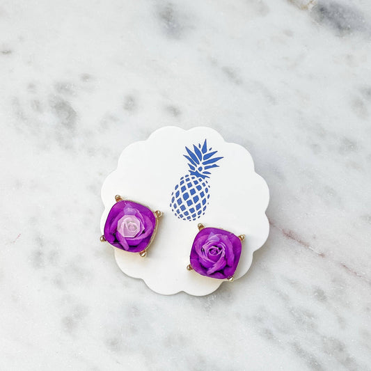 Prep Obsessed Wholesale Rose Printed Stud Earrings - Purple