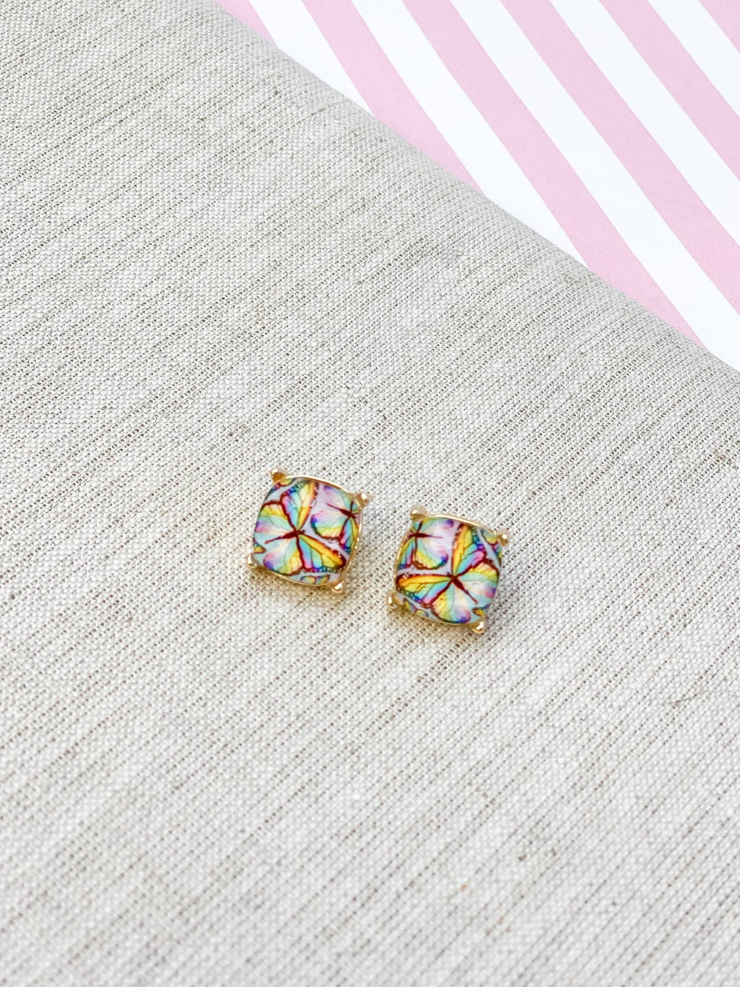 Prep Obsessed Wholesale Printed Butterfly Glass Stud Earrings - Rainbow