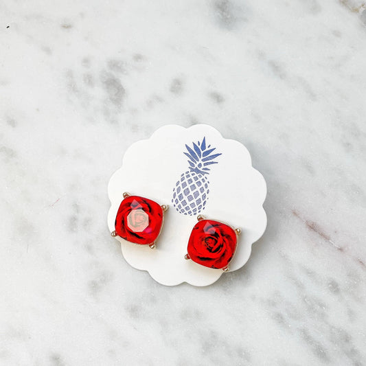 Prep Obsessed Wholesale Rose Printed Stud Earrings - Red