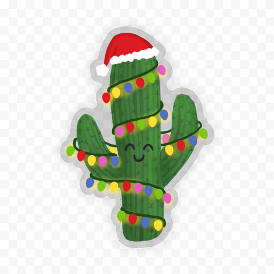 Big Moods - Cactus Wearing Winter Lights - Clear Holiday Sticker