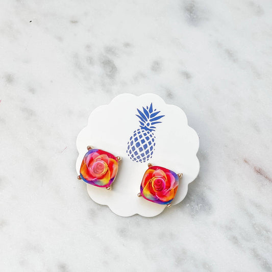 Prep Obsessed Wholesale Rose Printed Stud Earrings - Rainbow