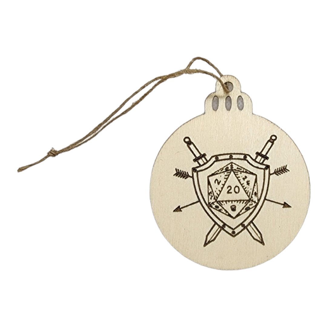 Wooden Ornament with Wood Burned Design - Shield with D20