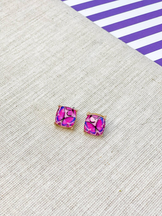 Prep Obsessed Wholesale Printed Butterfly Glass Stud Earrings - Fuchsia