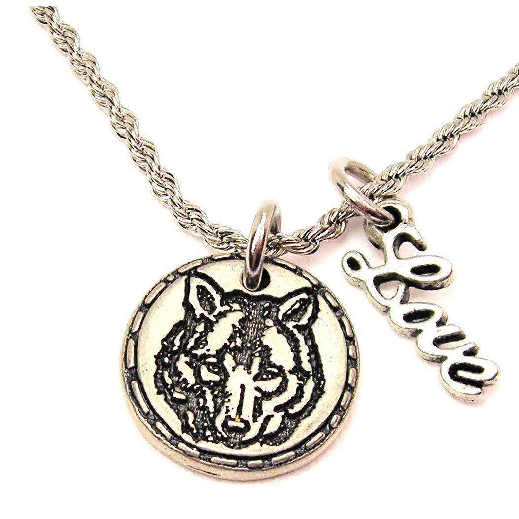 Wolf Face Circle 20" Rope Necklace With Love Accent Animals